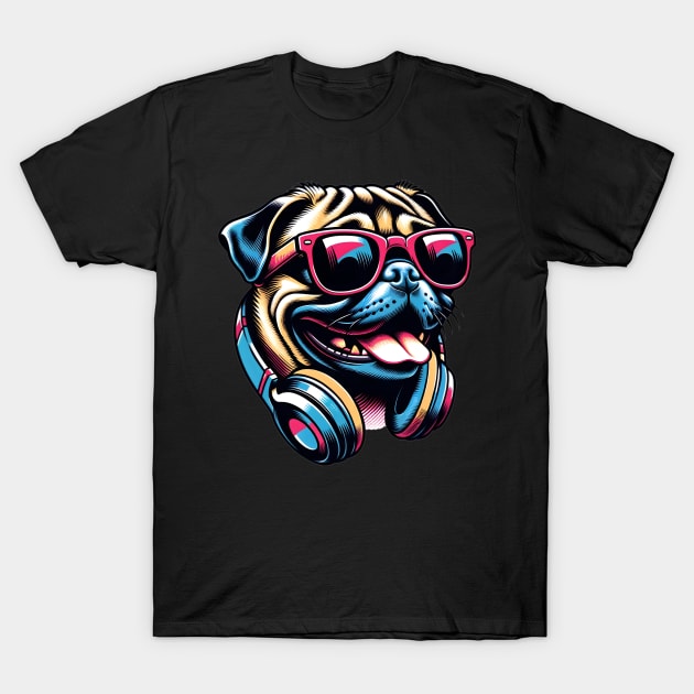 Grinning Pug DJ Enjoys Music in Bold Japanese Art T-Shirt by ArtRUs